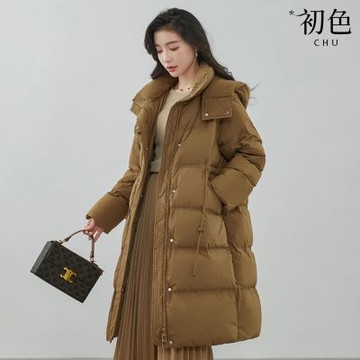 初色 純色立領連帽長袖抽繩收腰顯瘦保暖禦寒過膝長款羽絨服羽絨外套女外套-共2色-17989(M/L可選)
