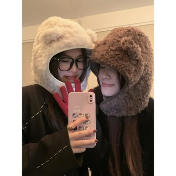 韓版巴拉克拉法帽毛絨小熊羊羔毛帽子女秋冬季加厚保暖護耳套頭帽