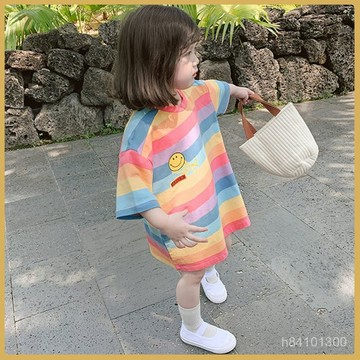 爆款熱推💖全臺免運 2025夏季新款童裝韓版女童條紋彩虹中長款短袖T恤兒童連衣裙 SIPL