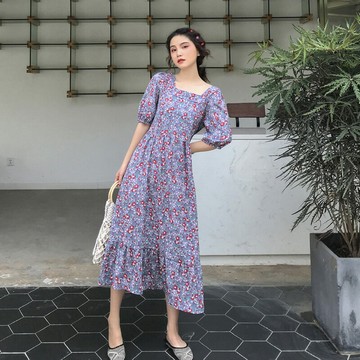 2022新款仙女桔梗egg法式復古可鹽可甜顯瘦方領rouje碎花連衣裙夏