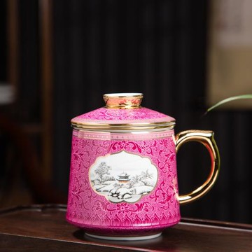 景德鎮陶瓷描金扒花琺瑯彩辦公商務茶杯茶水分離帶茶漏過濾百川杯