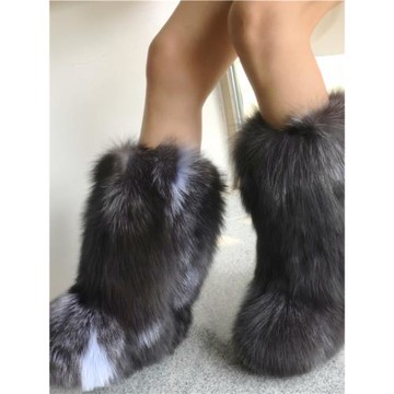 秋冬新款狐貍毛皮毛一體平底保暖皮草靴毛毛靴高筒雪地靴女鞋