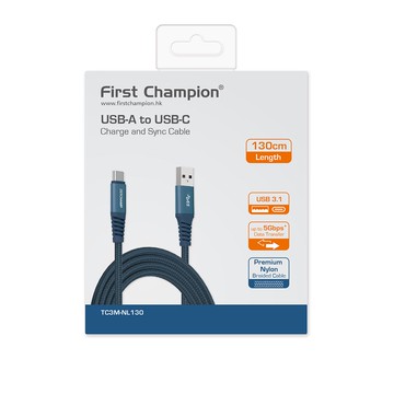 First Champion USB 3.1 Type C 充電傳輸線(尼龍編織) 1.3米-藍色
