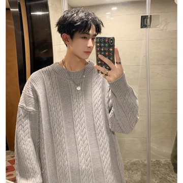 灰色麻花毛衣男冬季日系復古慵懶風內搭針織衫加肥加大碼圓領外套