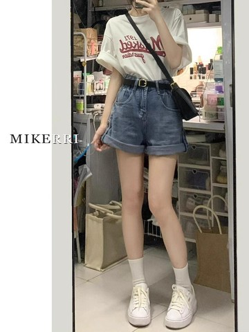 💕甜心大尺碼💕大尺碼短褲 卷邊牛仔短褲女夏季新款大碼胖mm寬松顯瘦梨形身材闊腿a字熱褲子