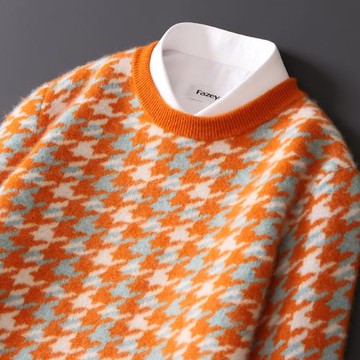 秋冬新款男士羊絨衫寬松圓領拼色千鳥格毛衣休閑針織羊毛打底衫