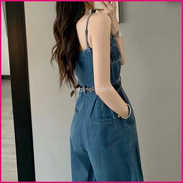2024新款夏季牛仔吊帶連身褲女氣質顯瘦時尚洋氣闊腿長款衣褲 BEHK