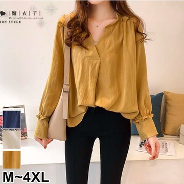 【QV3309】魔衣子-純色V領木耳邊寬鬆長袖上衣