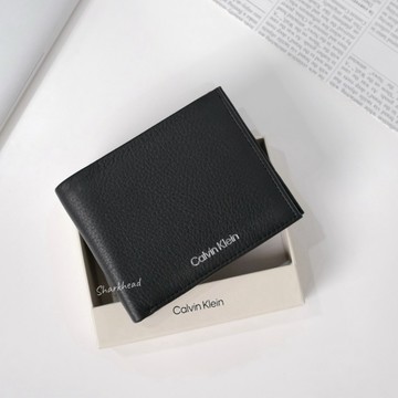 【Sharkhead】現貨 Calvin Klein 短夾 皮革 皮夾 黑色 錢包 燙印 零錢袋 荔枝紋 男用 CK
