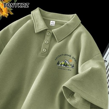 TONYKRZ設計感日系polo衫短袖男華夫格寬鬆潮流新款青少年上衣綠