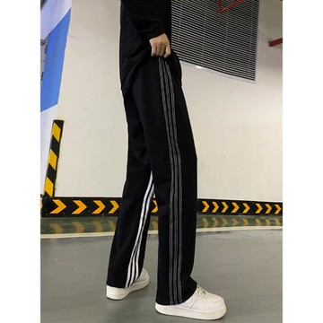 2025寬松休閑褲男士秋季條紋褲子垂感闊腿直筒衛褲針織拖地運動褲