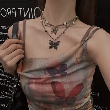 【台灣公司 可打統編】免運 甜酷辣妹復古雙層蝴蝶珍珠項鏈高級感鎖骨鏈重工做舊小眾設計項鏈 可開發票 全館五折 工廠現貨直銷 新品特價 z9211