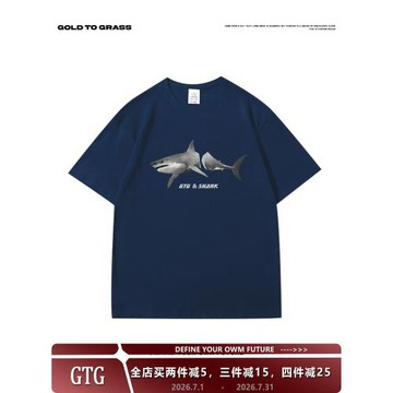 GTG原創美式復古潮牌鯊魚圓領短袖男春季新款潮酷oversizeT恤半袖