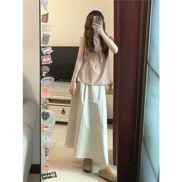 (免運)無袖背心上衣+白色半身裙兩件套女夏新款一整套小個子中長裙套裝