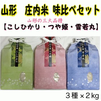 山形県産つや姫・コシヒカリ・雪若丸　各２kg 三種食べ比べ　味比べ　セット　お米ギフト　庄内産　お中元　お歳暮　贈り物　贈答　挨拶　お祝い　内祝い