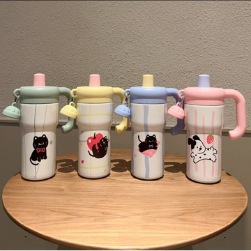 印花304手柄冰霸杯(含茶倉)600ml(貓咪綠/貓咪黃/狗狗粉/貓咪藍)【現貨】