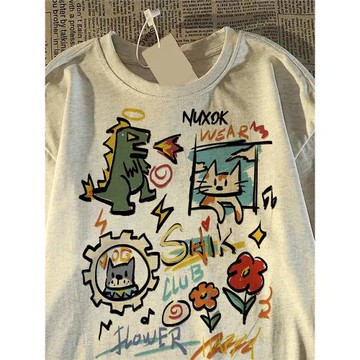 外貿出口專柜余貨撤回撿漏~美式休閑卡通印花復古上衣男女夏季T恤