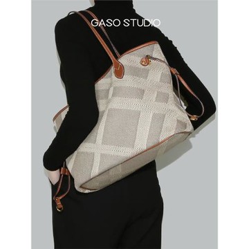 【光夏GASO】帆布拼皮托特包女大容量通勤電腦包高級感真皮子母包