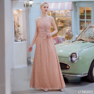 OMUSES 細肩帶花朵亮粉香檳金長禮服