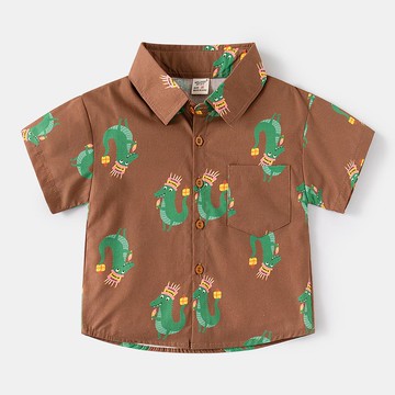 WELLKIDS - 純棉休閒翻領短袖襯衫-皇冠恐龍-棕色