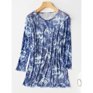 雙層網紗圓領七分袖洋氣印花真絲