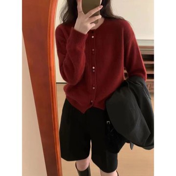 秋冬新款紅色開衫女純山羊絨衫新年紅本命年歐貨高端針織毛衣外套