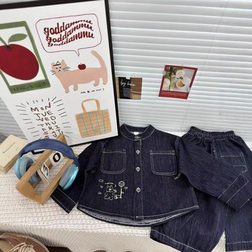 杉伴韓系男小童秋季新款小狗刺繡牛仔襯衫褲子男寶寶休閑款兩件套(鑫弘-萌寶童裝)可開發票