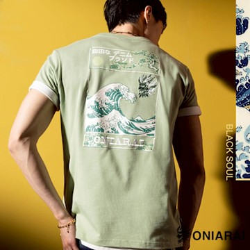 鬼洗 BLUE WAY –和藝術葛氏北齋日式元素短TEE(淺綠)