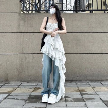 海邊度假風茶歇法式吊帶長裙子小眾設計感不規則荷葉邊收腰連衣裙