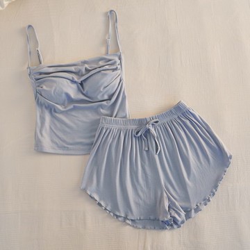 🔥優選好物🔥帶胸墊睡衣女 夏季吊帶 短褲 兩件套 薄款 性感 網紅莫代爾棉 家居服 外出 夏季睡衣 吊帶 短褲 套裝
