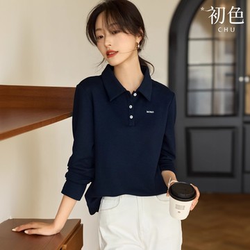 初色 字母刺繡POLO領長袖襯衫T恤上衣女上衣-共2色-37582(M-2XL可選)