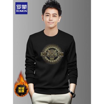 羅蒙品牌套頭衛衣男秋冬季2025新款休閑無帽圓領長袖黑色運動上衣