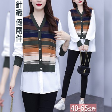 假兩件大V針織橫條紋撞色珠釦燈籠袖襯衫 F【582757X】【現+預】☆流行前線☆