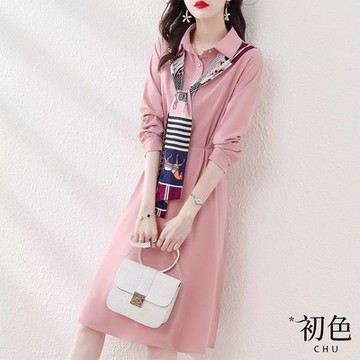 初色  休閒POLO領拼接領帶印花洋裝-粉色-66801(M-2XL可選)