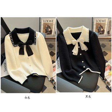 [巴黎精品] 針織外套長袖毛衣-珍珠翻領氣質蝴蝶結女外套2色m1ab30