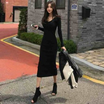 ロングワンピース 長袖 ニットワンピース レディース 黒 細身