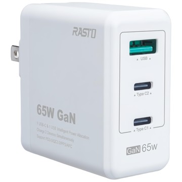 RASTO 65W GaN氮化鎵 PD + QC3.0三孔高效能快速充電器  RB28  白色  1個
