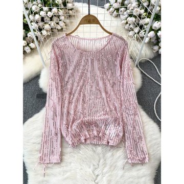 春秋季歐美時尚舞臺風長袖圓領寬松亮片流蘇T恤女裝休閑洋氣上衣