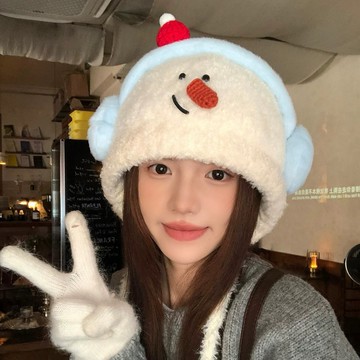 「小確幸 新品首賣」韓版帽子女 大頭圍顯臉小帽子 保暖護耳帽子 冷門 包頭帽 可愛小雪人卡通毛絨套頭女綁帶帽騎車防寒