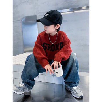 男童秋冬裝韓系紅色毛衣2024新款兒童洋氣針織衫男孩冬季半高領潮