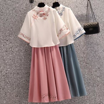 中國風女裝復古少女漢服唐裝改良旗袍上衣刺繡民國風套裝裙兩件套