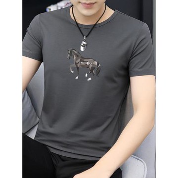 莫代爾男士t恤短袖潮流百搭冰絲冰感半袖圓領上衣服夏季印花體恤