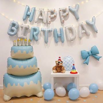 現貨當天寄*16吋 藍色鄉村風格子生日字母氣球 Happy Birthday氣球 收涏 周歲佈置
