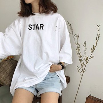 FINDSENSE H1 2018 夏季短袖 T恤 女原宿磨破寬松 中長款 圓領 半袖 上衣 潮