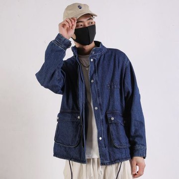 日系復古深藍色寬松立領工裝牛仔外套男春秋潮牌ins情侶休閑夾克