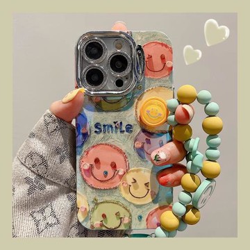 藍光閃粉笑臉適用蘋果15promax手機殼新款高級感14帶鏡頭膜支架13簡約創意16鏈條iphone15pro小眾女17promax