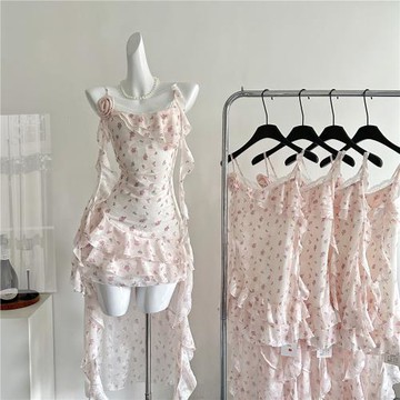 Youni自制 微醺吉普島 夏季甜美碎花收腰顯瘦連衣裙