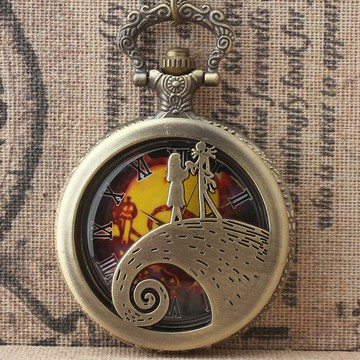 歐美時尚潮流圣誕夜驚魂石英懷表男女學生青銅色掛鏈表懷表配飾品