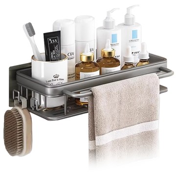 SIANG SI 壁掛浴室置物架 有桿子  30 x 5.6 x 15cm  1個  四角灰