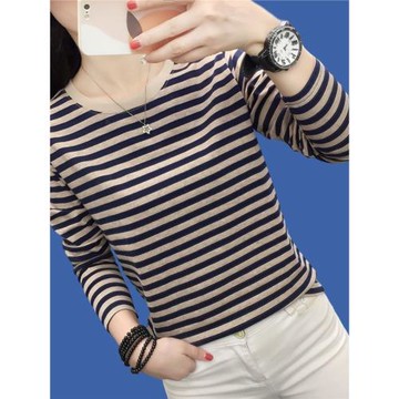 純棉長袖條紋T恤女新款秋裝大碼寬松洋氣媽媽上衣打底衫圓領內搭